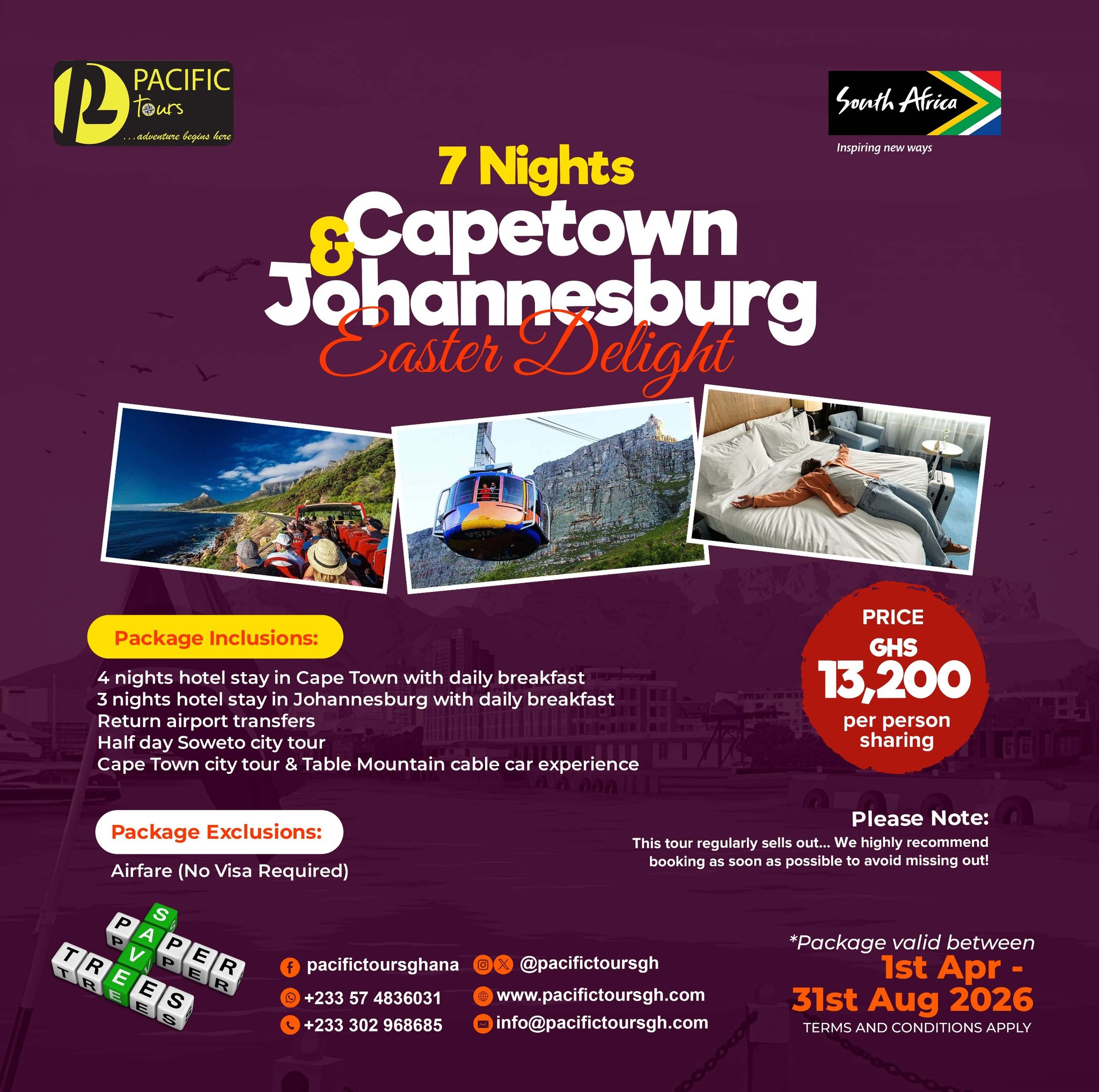 7 Nights Cape Town & Johannesburg Easter Delight! 🌟🥳Escape to South Africa this Easter and experience the best of Cape Town & Johannesburg!🏨 Inclusions:
• 4 nights in Cape Town with daily breakfast
• 3 nights in Johannesburg with daily breakfast
• Return airport transfers
• Half-day Soweto city tour
• Cape Town city tour & Table Mountain cable car ride💰 Price per person sharing: GHS 13,200
✈️ Airfare not included but available on request | No Visa Required📅 Travel Validity: 1st April – 31st August 2026
📞 Call/WhatsApp: 0574836031
🌐 www.pacifictoursgh.com✨ Limited slots available! Adventure, sightseeing & unforgettable memories await — book early! Let Pacific Tours handle your journey with ease and confidence.#PacificTours #SouthAfricaTourism #ExploreSouthAfrica #TravelWithPacific #FestiveHolidays #AdventureAwaits #CapeTown #Johannesburg #EasterGetaway #TravelGoals #DiscoverSouthAfrica #FindYourJoyInSA
