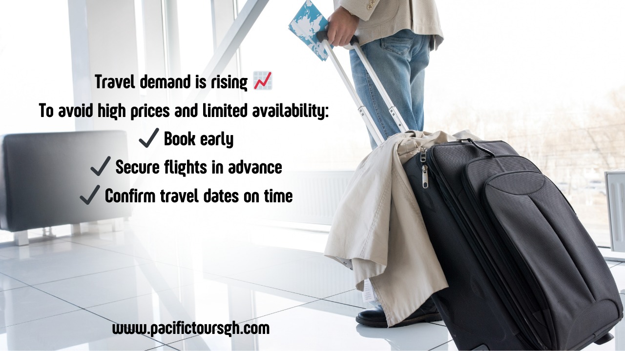 ⚠️ TRAVEL ADVISORY – EARLY BOOKINGSTravel demand is rising 📈To avoid high prices and limited availability:
✔️ Book early
✔️ Secure flights in advance
✔️ Confirm travel dates on timeContact Pacific Tours today for the best deals.
Let us handle your travel process with ease and confidence👍📞 Call/WhatsApp: 0574836031
🌐 Visit: www.pacifictoursgh.com
📩 Send us a message today to get started!🥳#BookEarly #PacificTours #TravelUpdate #PacificToursgh #TravelWithPacificTours #PacificToursGHTourExperiences #PacificToursGHTakesUsThere
