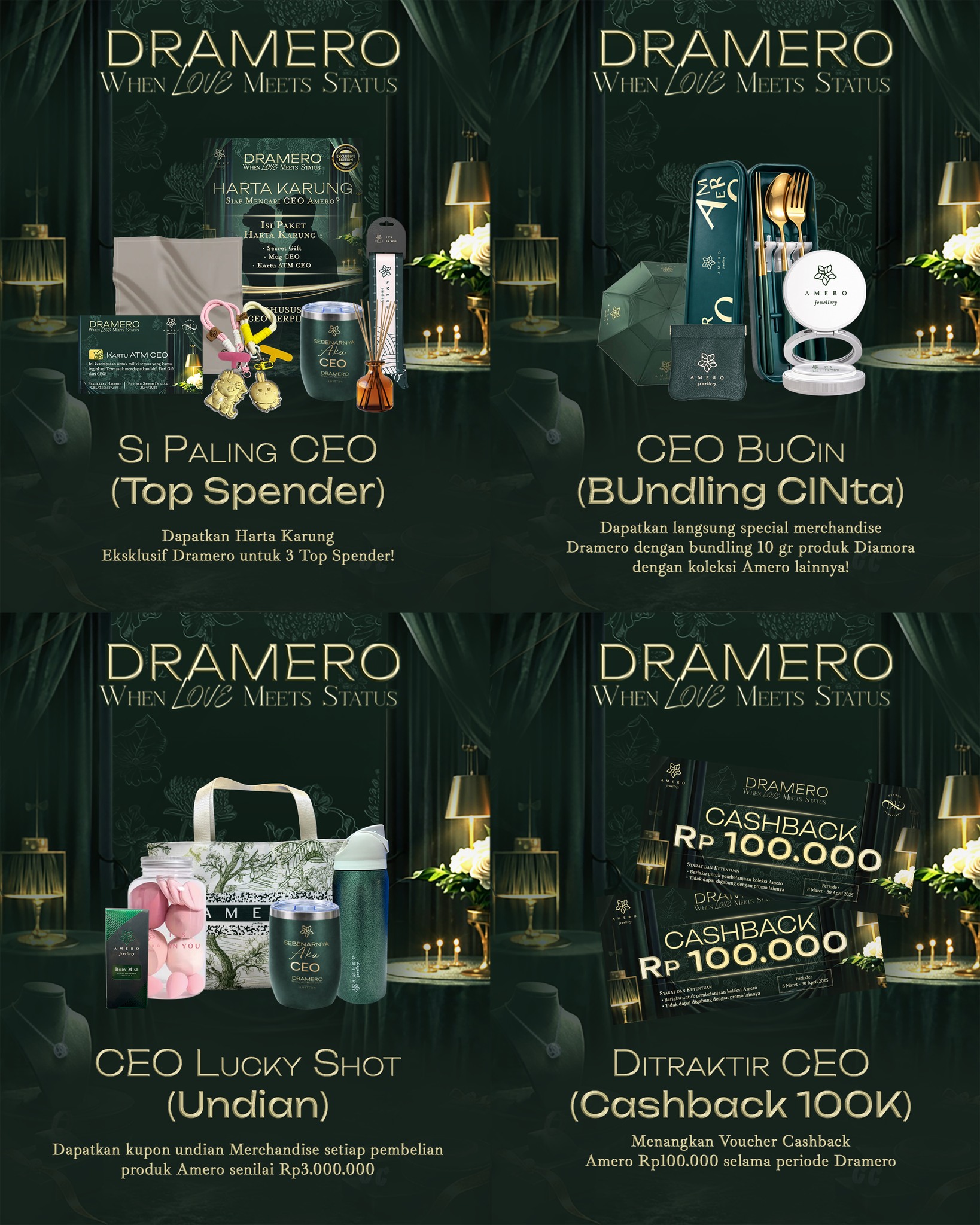 Ada yang special lagi nihh dari @amerojewellery dan @degoldjakarta 😍🥰
DRAMERO ~ When Love Meets Status
Dapatkan banyak promo dan merchandise exclusive Amero hanya pada periode Live Shopping DRAMERO with Gallery Kohinoor 😍
1. Si Paling CEO (Top Spender)
Dapatkan Eksklusif Merchandise Package Dramero untuk 3 TOP SPENDER.
2. CEO BuCin (BUndling CINta)
Promo bundling eksklusif koleksi Diamora dengan koleksi Amero lainnya
untuk mendapatkan special merchandise min. 10 gram.
3. CEO Lucky Shot (Undian min. belanja 3jt)
Undian setiap transaksi min. 3 juta untuk memenangkan hadiah
eksklusif Dramero.
4. Ditraktir CEO (Cashback 100k)
Promo Cashback yang hanya berlaku pada waktu tertentu selama sesi
live berlangsung sesuai dengan ketentuan yang berlaku min. 15 gram.
Jangan sampai ketinggalan di Live Shopping kita:
📅 17, 18, 20, 21, 24, 25 April 2026
📱Live Instagram Gallery Kohinoor @gallerykohinoor
📞 0878 6999 9909
#Dramero #DramaAmero #liveshopping #gallerykohinoor #goldshopbali
