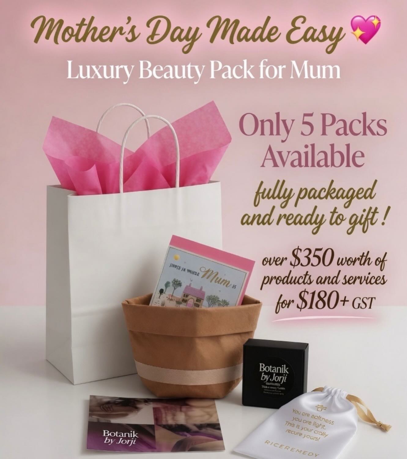 Studio Pulse have decided to make your Mother’s Day simpler than ever !!! This gift bag comes with a mother’s card, gift bag - ready to give ❤️ Partnership with natural, beautiful brands @botanikbyjorji @alignedwithangelina and @riceremedyco - the perfect way to spoil your mum with minimal fuss. Register below by commenting “Yes” to secure one of 5 exclusive gift bags.