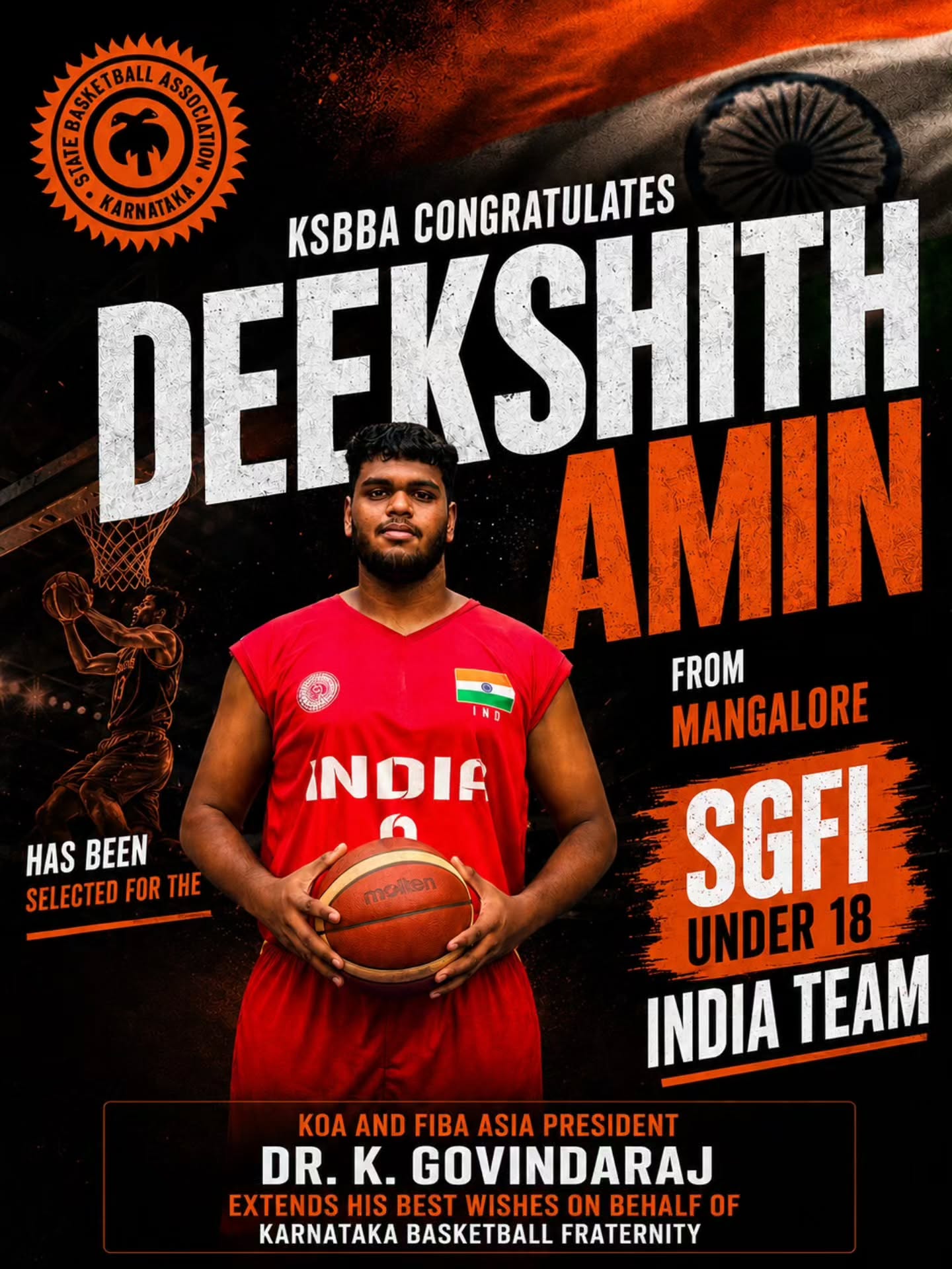 Congratulations to Deekshith Amin from Mangalore on his selection to the SGFI Under-18 India Basketball Team! 🇮🇳
Your dedication, perseverance, and commitment to the game have earned you this well-deserved opportunity to represent the nation on a prestigious platform.
The Karnataka basketball fraternity takes immense pride in your achievement and wishes you success as you don the India jersey.
KOA and FIBA Asia President Dr. K. Govindaraj extend their best wishes to Deekshith Amin and the entire Indian team.
#KSBBA #KOA #BasketballIndia #SGFI #TeamIndia
