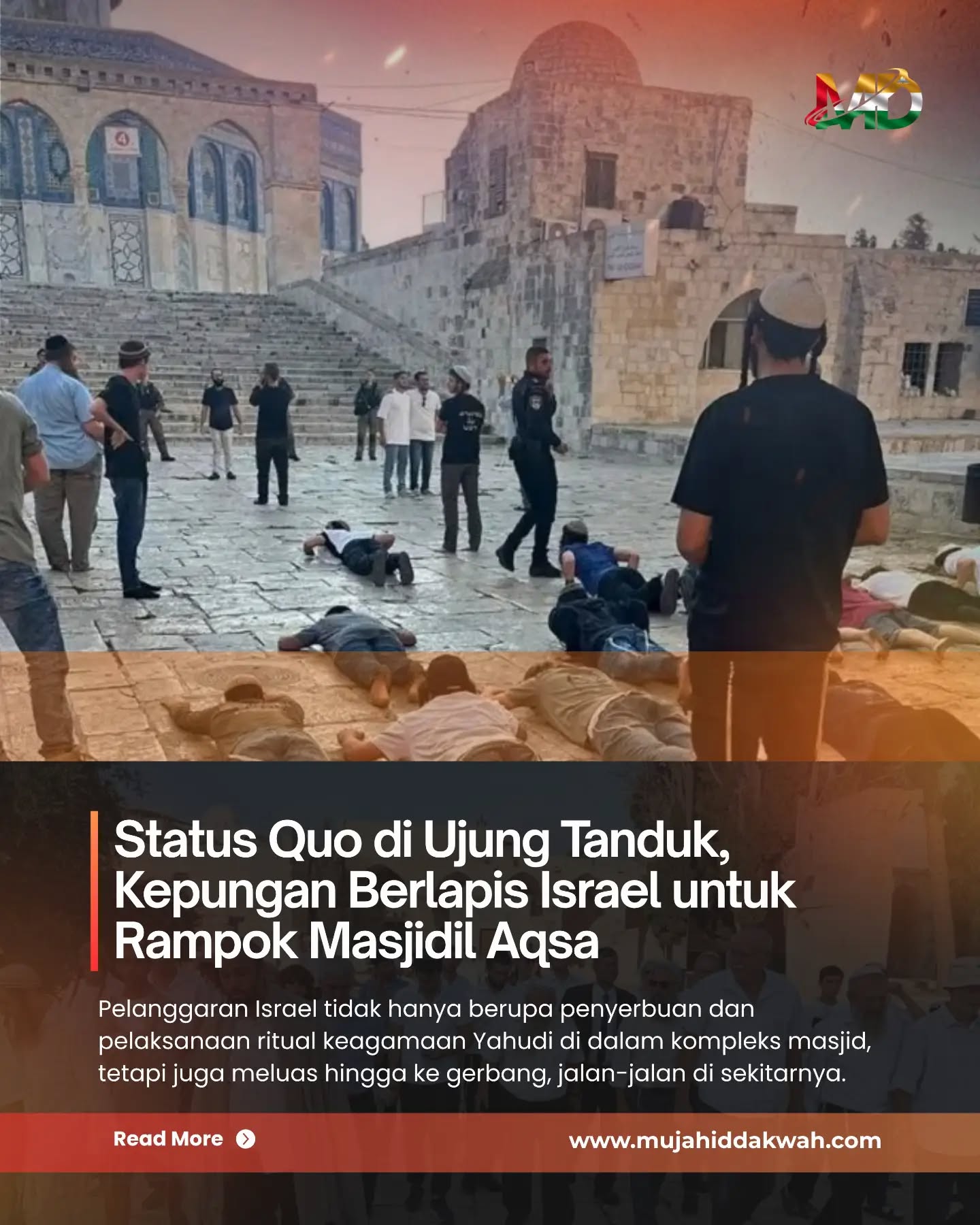 🚨 STATUS QUO AL-AQSA DI UJUNG TANDUK: KEPUNGAN BERLAPIS ISRAEL Pelanggaran di Masjid Al-Aqsa dilaporkan meluas ke berbagai sisi. Tidak hanya penyerbuan dan pelaksanaan ritual keagamaan Yahudi di dalam kompleks masjid, aktivitas tersebut juga merambah gerbang, jalan-jalan sekitar, hingga kawasan pemakaman di sisi timur Al-Aqsa. 📊 11.409 pemukim memasuki kompleks Al-Aqsa dalam tiga pekan. Menurut Gubernuran Al-Quds, angka tersebut mendekati total yang tercatat sepanjang 2015. Bahkan, sekitar 9.123 pemukim memasuki kompleks masjid pada 27 September–1 Oktober 2026, dengan rata-rata 1.825 orang per hari. Peneliti urusan Al-Quds, Ziyad Ibhais, menilai perkembangan ini menunjukkan perluasan aktivitas pemukim yang berlangsung bersamaan dengan perubahan lokasi ritual dan upaya membuka akses baru ke kompleks masjid. ⚠️ Ancaman tidak hanya terjadi di dalam kompleks. Pembatasan terhadap warga Palestina, pelarangan dokumentasi, serta hambatan bagi media untuk merekam peristiwa di dalam Al-Aqsa turut menyulitkan penyampaian informasi kepada dunia internasional. Di tengah perkembangan tersebut, status quo Masjid Al-Aqsa yang berkaitan dengan pengaturan akses, ibadah, dan kondisi yang selama ini berlaku menjadi perhatian serius. 🕌 Al-Aqsa tidak boleh luput dari perhatian dunia. Menjaga kesucian tempat ibadah, melindungi hak jamaah, dan memastikan peristiwa di Al-Quds dapat didokumentasikan merupakan bagian penting dari upaya mempertahankan keberadaan serta kedudukan Masjid Al-Aqsa. 🇵🇸 Terus suarakan kepedulian untuk Palestina. Jangan biarkan Masjid Al-Aqsa terjajah. #masjidilaqsa #baitulmaqdis #palestine #gazaunderattack #islam 🚨 STATUS QUO AL-AQSA DI UJUNG TANDUK: KEPUNGAN BERLAPIS ISRAEL Pelanggaran di Masjid Al-Aqsa dilaporkan meluas ke berbagai sisi. Tidak hanya penyerbuan dan pelaksanaan ritual keagamaan Yahudi di dalam kompleks masjid, aktivitas tersebut juga merambah gerbang, jalan-jalan sekitar, hingga kawasan pemakaman di sisi timur Al-Aqsa. 📊 11.409 pemukim memasuki kompleks Al-Aqsa dalam tiga pekan. Menurut Gubernuran Al-Quds, angka tersebut mendekati total yang tercatat sepanjang 2015. Bahkan, sekitar 9.123 pemukim memasuki kompleks masjid pada 27 September–1 Oktober 2026, dengan rata-rata 1.825 orang per hari. Peneliti urusan Al-Quds, Ziyad Ibhais, menilai perkembangan ini menunjukkan perluasan aktivitas pemukim yang berlangsung bersamaan dengan perubahan lokasi ritual dan upaya membuka akses baru ke kompleks masjid. ⚠️ Ancaman tidak hanya terjadi di dalam kompleks. Pembatasan terhadap warga Palestina, pelarangan dokumentasi, serta hambatan bagi media untuk merekam peristiwa di dalam Al-Aqsa turut menyulitkan penyampaian informasi kepada dunia internasional. Di tengah perkembangan tersebut, status quo Masjid Al-Aqsa yang berkaitan dengan pengaturan akses, ibadah, dan kondisi yang selama ini berlaku menjadi perhatian serius. 🕌 Al-Aqsa tidak boleh luput dari perhatian dunia. Menjaga kesucian tempat ibadah, melindungi hak jamaah, dan memastikan peristiwa di Al-Quds dapat didokumentasikan merupakan bagian penting dari upaya mempertahankan keberadaan serta kedudukan Masjid Al-Aqsa. 🇵🇸 Terus suarakan kepedulian untuk Palestina. Jangan biarkan Masjid Al-Aqsa terjajah. #masjidilaqsa #baitulmaqdis #palestine #gazaunderattack #islam
